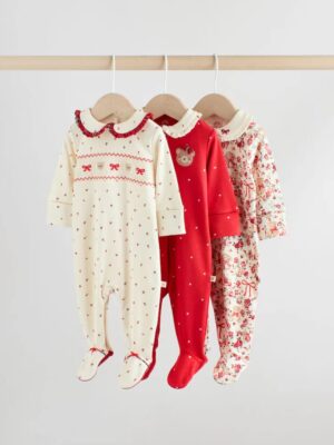 Red Bow Bear Baby Sleepsuits 3 Pack