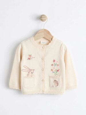 Cream Bunny 100% Cotton Pointelle Knitted Floral Flower Baby Cardigan