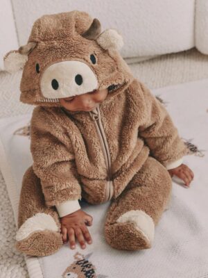 Brown Hamish Hooded Baby Fleece Pramsuit