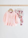 Pink/Cream Floral Baby Bow Sweaters and Leggings Set 2 Piece