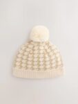 Neutral Dogtooth Knitted Pom Baby Beanie Hat