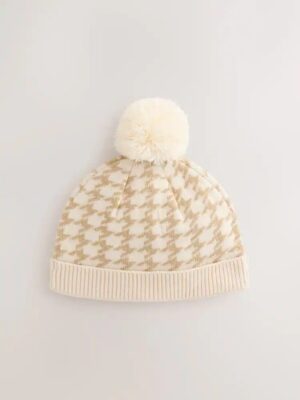 Neutral Dogtooth Knitted Pom Baby Beanie Hat