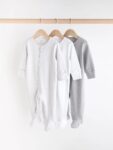 Grey Essential Zipped 100% Cotton Baby Sleepsuits 3 Pack