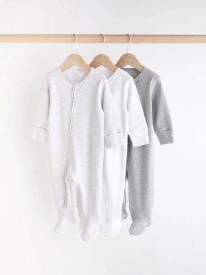 Grey Essential Zipped 100% Cotton Baby Sleepsuits 3 Pack