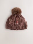 Brown Floral Embroidered Pom Baby Beanie Hat