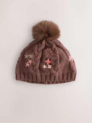 Brown Floral Embroidered Pom Baby Beanie Hat