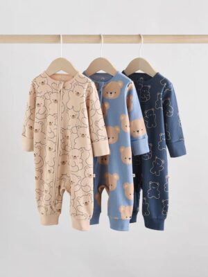 Brown/Navy 3 pack Baby Two Way Zip Footless Cotton Sleepsuits