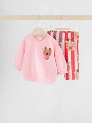 Red/Pink Reindeer Christmas Sweat and Joggers Baby Set