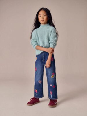 Mid Blue Floral Embroidered Straight Leg Jeans