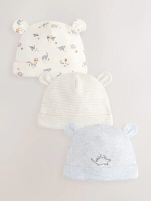 Grey Dinosaur Baby Beanie Hats 3 Pack