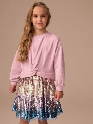 Pink Long Sleeve Sequin Skirt Dress