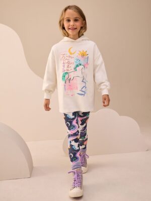 Ecru/Navy Unicorn Graphic Print Hoodie Leggings Set