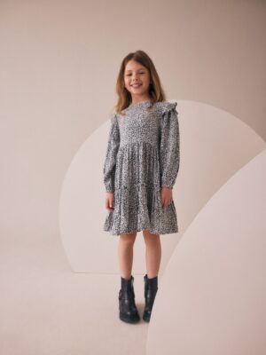 Black/White Long Sleeve Ruffle Dress