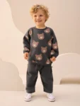 Charcoal Grey Bear All Over Single Sweatshirt And Stripe Joggers set