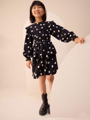 Black/White Spot Long Sleeve Ruffle Dress