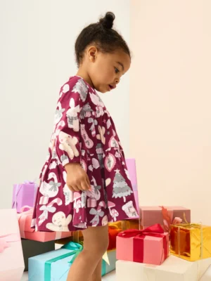 Red Christmas Long Sleeve Tiered Dress