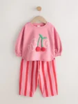 Pink Padded Cherry Long Sleeve Top and Barrel Trousers Set