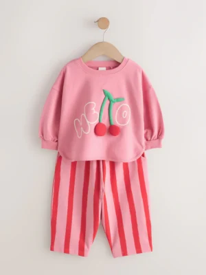 Pink Padded Cherry Long Sleeve Top and Barrel Trousers Set