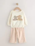 Ecru/Brown Aspen Bear Sweatshirt Pyjamas with Woven Bottoms Set