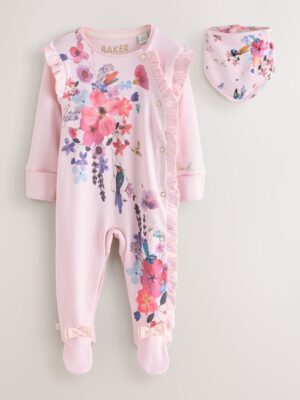 Baker by Ted Baker Pink Frill Detail Sleepsuit and Bib Set 2 Piece