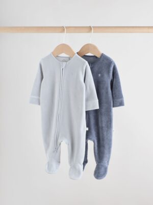 Blue Baby Velour Two Way Zip Sleepsuits 2 Pack
