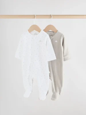Grey Velour Two Way Zip Baby Sleepsuits 2 Pack