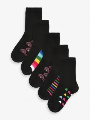 Black Rainbow 5 Pack Cotton Rich Footbed Ankle School Socks