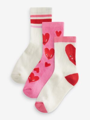 Pink/White Heart Regular Length 3 Pack Cotton Rich Cushioned Sole Ankle