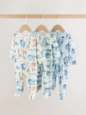 Blue Safari Two Way Zip Baby Sleepsuits 3 Pack