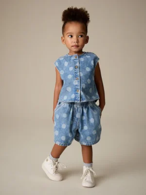 Mid Blue Denim Polka Dot Waistcoat and Shorts Set
