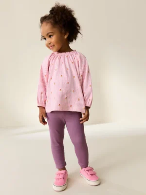 Pink Floral Long Sleeve Blouse and Legging Set