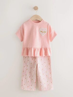 Pink Short Sleeve Peplum T-Shirt and Wide Leg Trousers Set