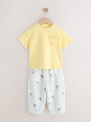 Lemon Yellow Daisy Short Sleeve Top and Barrel Trousers Set