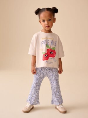 Ecru White Apple Character Short Sleeve Top and Leggings Set