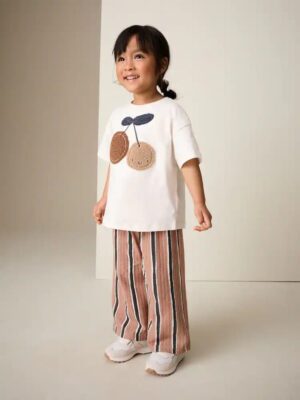 Ecru/ Brown Cherry Short Sleeve Top and Barrel Trousers Set