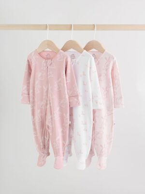 Pink Bunny Two Way Zip Baby Sleepsuits 3 Pack