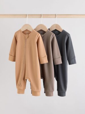 Brown Two Way Zip Baby Footless Sleepsuits 3 Pack