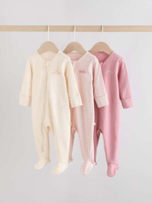 Pink Heart Two Way Zip Baby Sleepsuits 3 Pack
