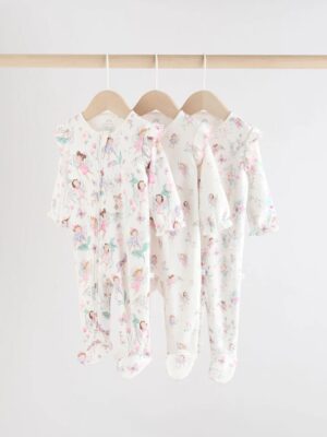 Ecru Fairy Two Way Zip Baby Sleepsuits 3 Pack