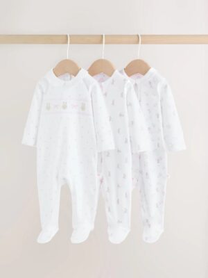White/Pink Collar 3 Pack Baby Sleepsuits
