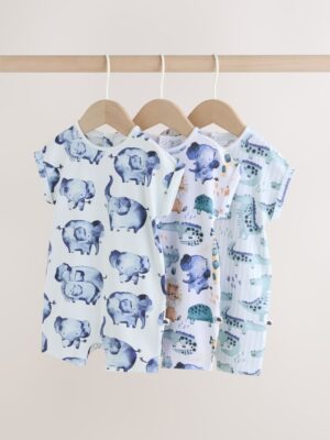 Blue Watercolour Animal Printed Popper Baby Jersey Rompers 3 Pack