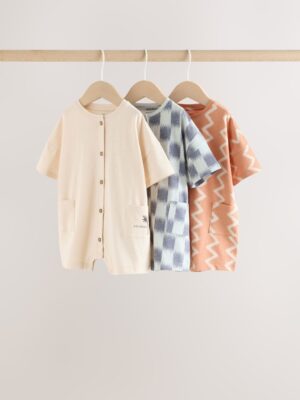 Neutral Sunbaked Printed Button Through Jersey Baby Rompers 3 Pack