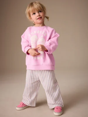 Pink Flower Sweatshirt & Wide Leg Trousers Set