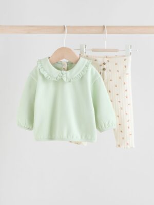 Sage Green/ Cream Ditsy Baby Frill Collar Sweater and Leggings 2 Piece Set