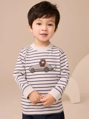White/Blue Stripe Bear Car Long Sleeve Appliqué T-Shirt