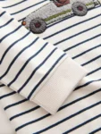 White/Blue Stripe Bear Car Long Sleeve Appliqué T-Shirt