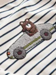 White/Blue Stripe Bear Car Long Sleeve Appliqué T-Shirt
