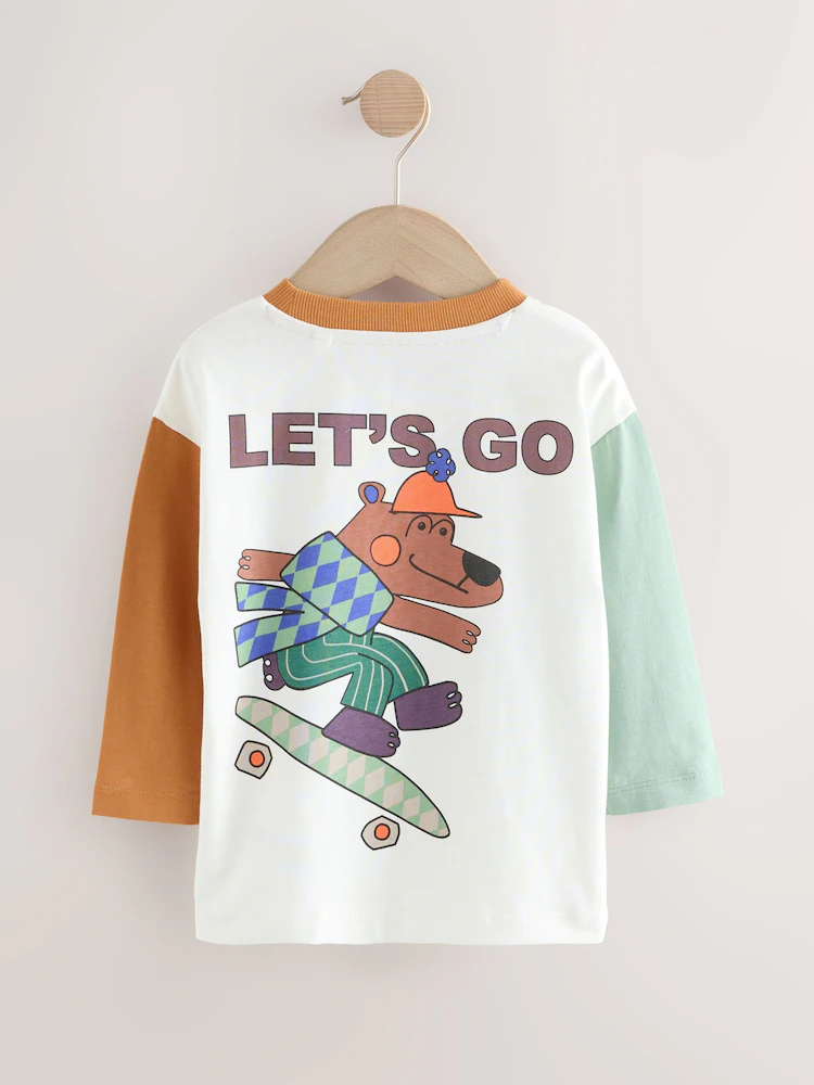White Skate Bear Long Sleeve Back Print T-Shirt