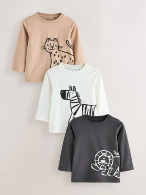 Tan/White/Black Safari Long Sleeve Graphic Print T-Shirts 3 Pack