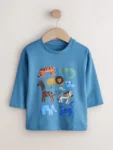 Blue Safari Animals Long Sleeve Graphic Print T-Shirt
